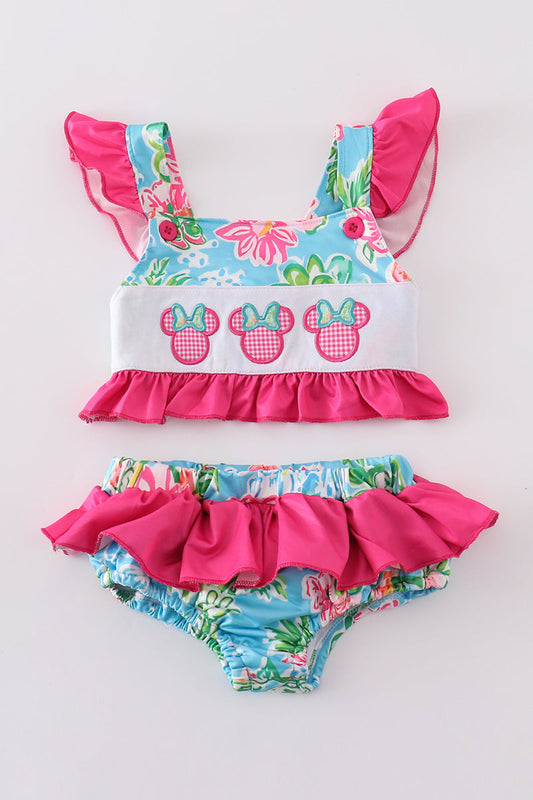 Girls' pink floral 2-piece swimsuit with character appliqué and Minnie-inspired ears by Cloudling Kids.