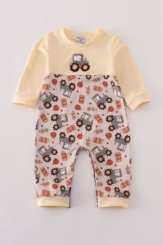 Yellow tractor french knot romper