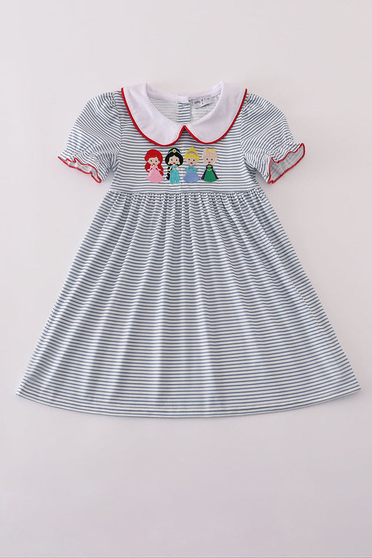 Blue princess embroidery stripe dress