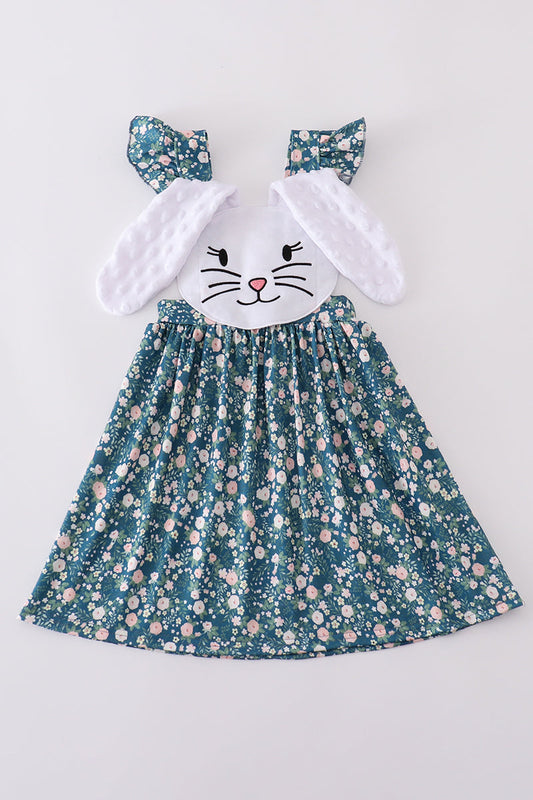 Green floral bunny applique dress - Cloudling Kids Clothing
