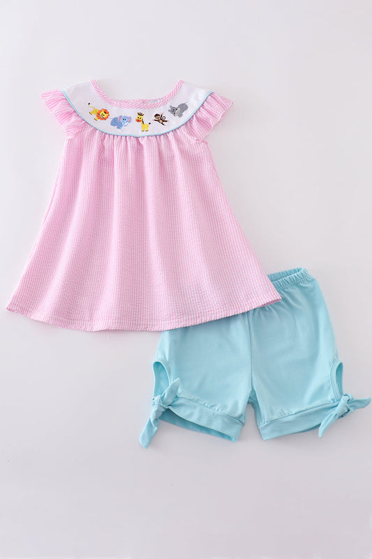Pink seersucker animal embroidery set - Cloudling Kids Clothing