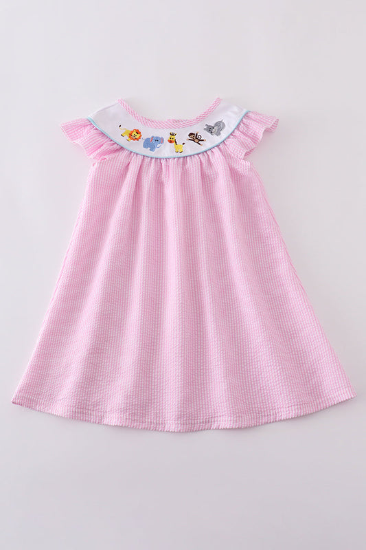 Pink seersucker animal embroidery dress - Cloudling Kids Clothing