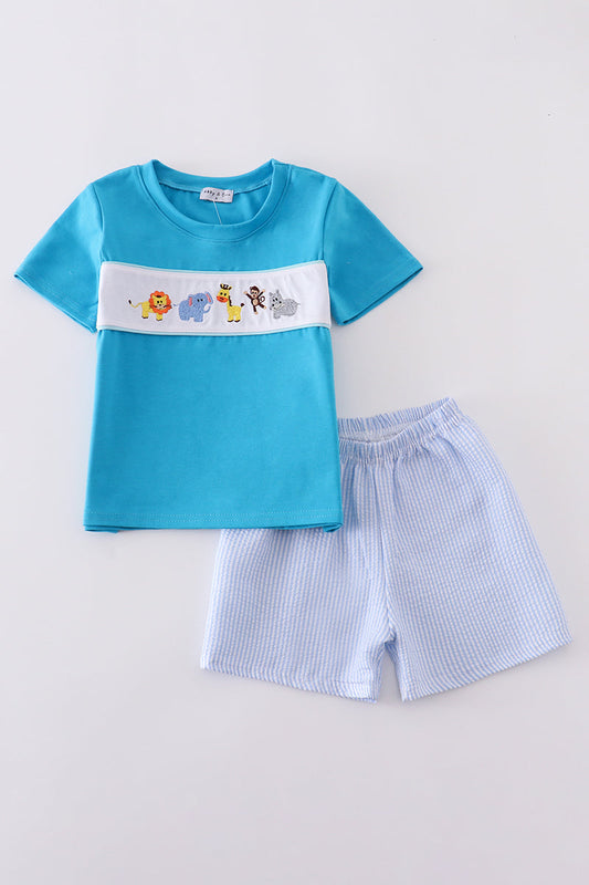 Blue seersucker animal embroidery set - Cloudling Kids Clothing