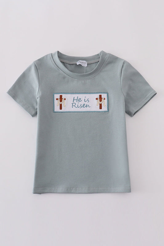 Blue he is risen embroidery top - Cloudling Kids Clothing