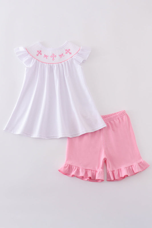 Pink cross embroider smocked set - Cloudling Kids Clothing