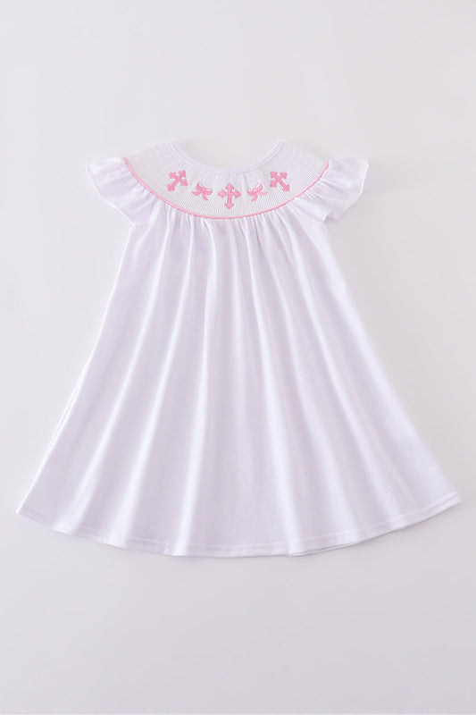 Pink cross embroider smocked dress - Cloudling Kids Clothing