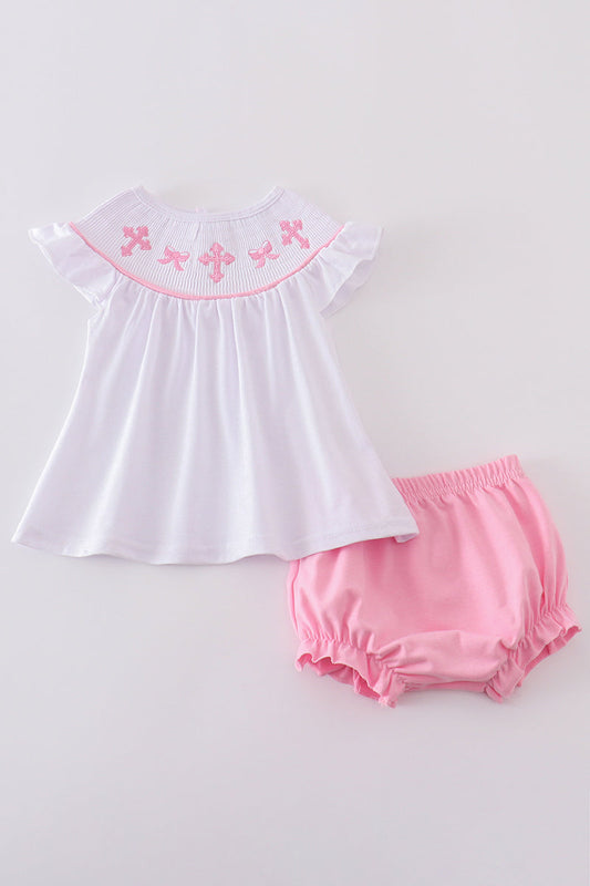 Pink cross embroider smocked bloomer set - Cloudling Kids Clothing