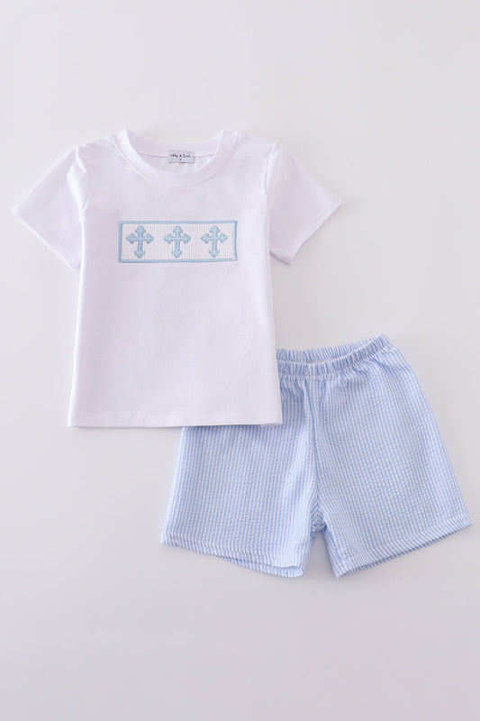 Blue cross embroider smocked set - Cloudling Kids Clothing