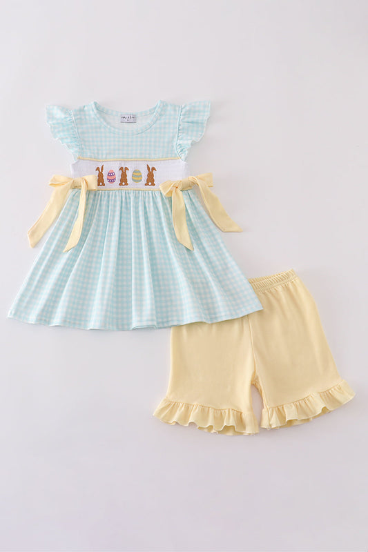 Blue bunny embroidery smocked set - Cloudling Kids Clothing