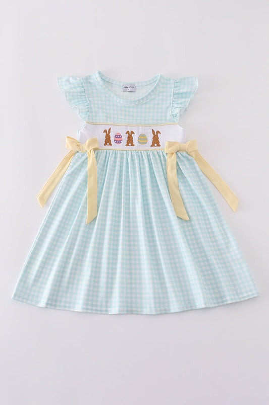 Blue bunny embroidery smocked dress - Cloudling Kids Clothing