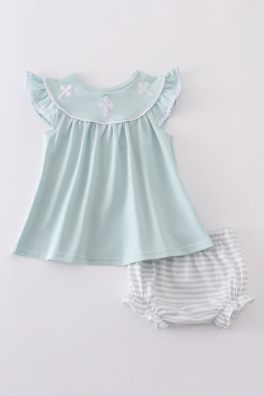 Blue cross embroidery bloomer set - Cloudling Kids Clothing