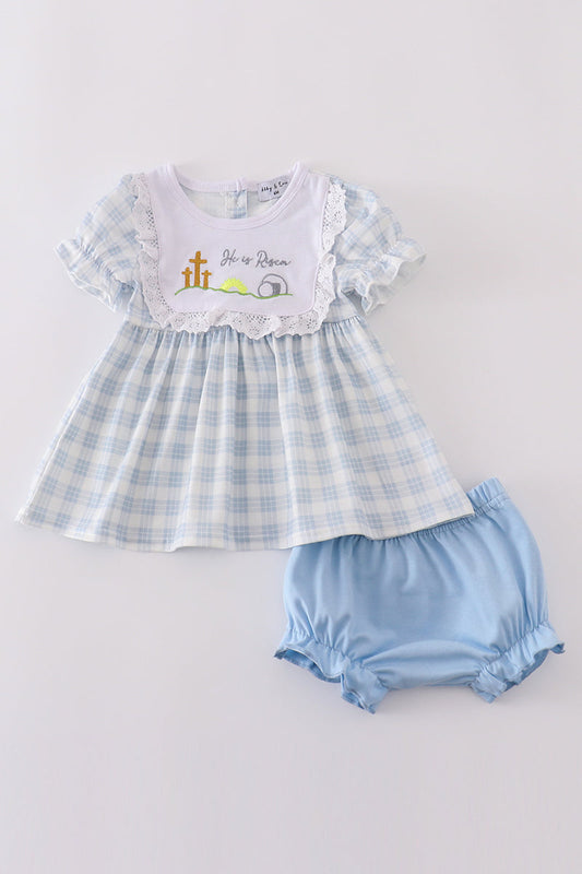 Blue plaid he is risen embroidery bloomer set - Cloudling Kids Clothing