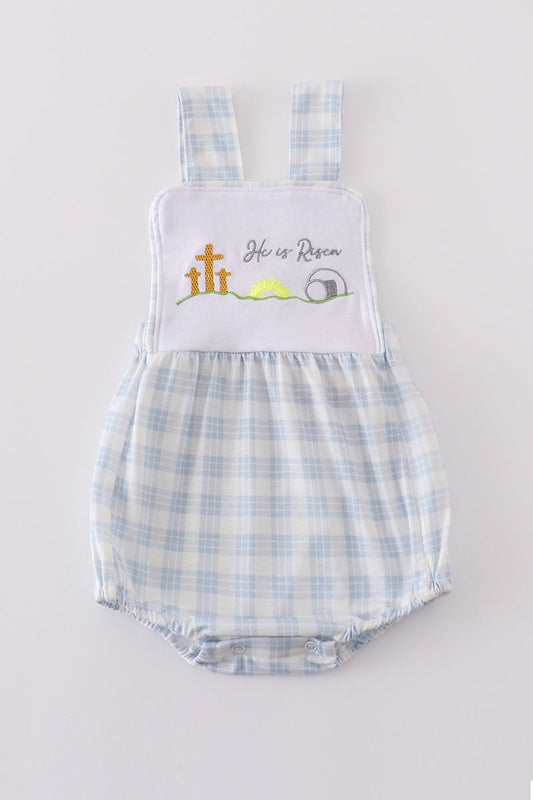 Blue plaid he is risen embroidery bubble - Cloudling Kids Clothing