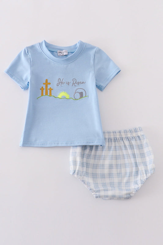 Blue plaid he is risen embroidery bloomer set - Cloudling Kids Clothing