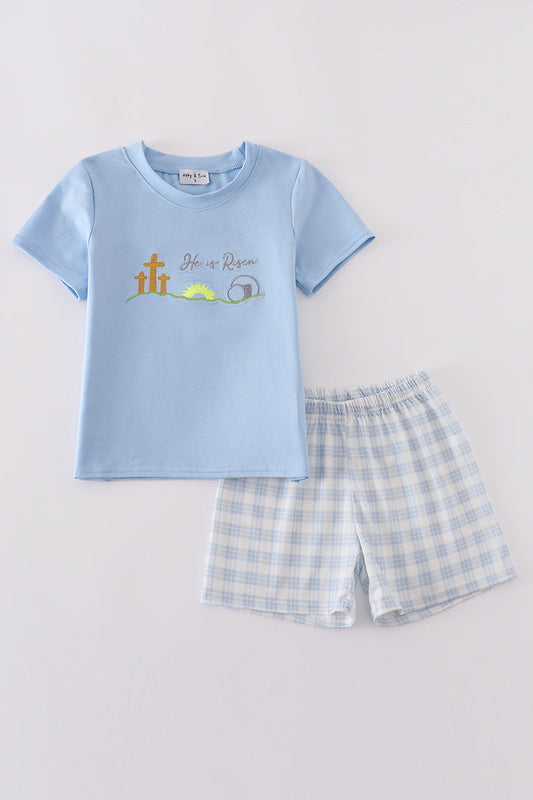 Blue plaid he is risen embroidery  set - Cloudling Kids Clothing