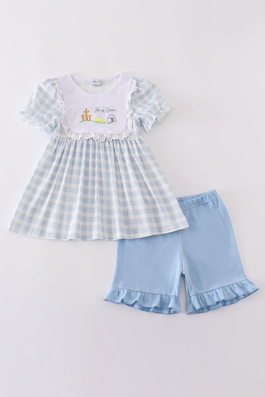 Blue plaid he is risen embroidery set - Cloudling Kids Clothing