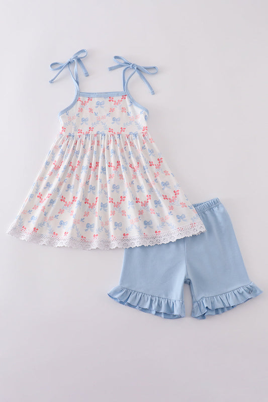 Blue bow lattice print set - Cloudling Kids Clothing