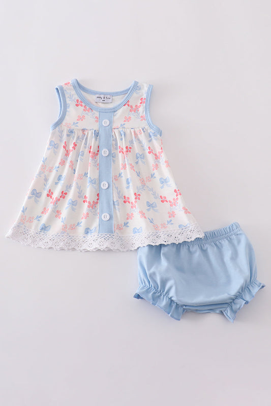 Blue bow lattice print  bloomer set - Cloudling Kids Clothing