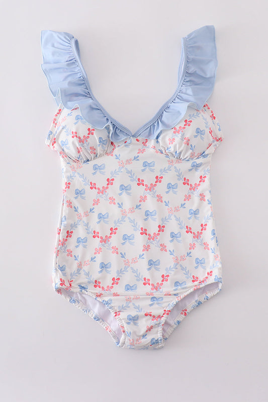 Blue bow lattice print  mom swimsuit - Cloudling Kids Clothing
