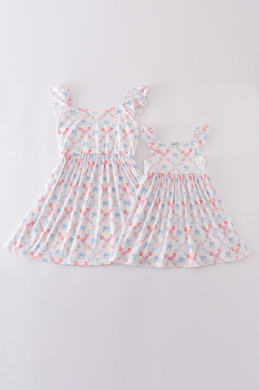 Blue bow lattice print  mom&me dress - Cloudling Kids Clothing