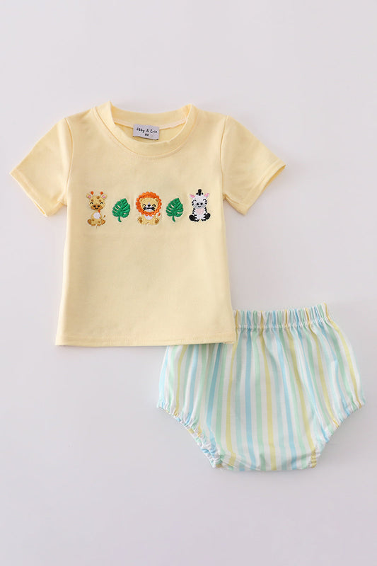 Yellow stripe animal embroidery smocked bloomer set - Cloudling Kids Clothing