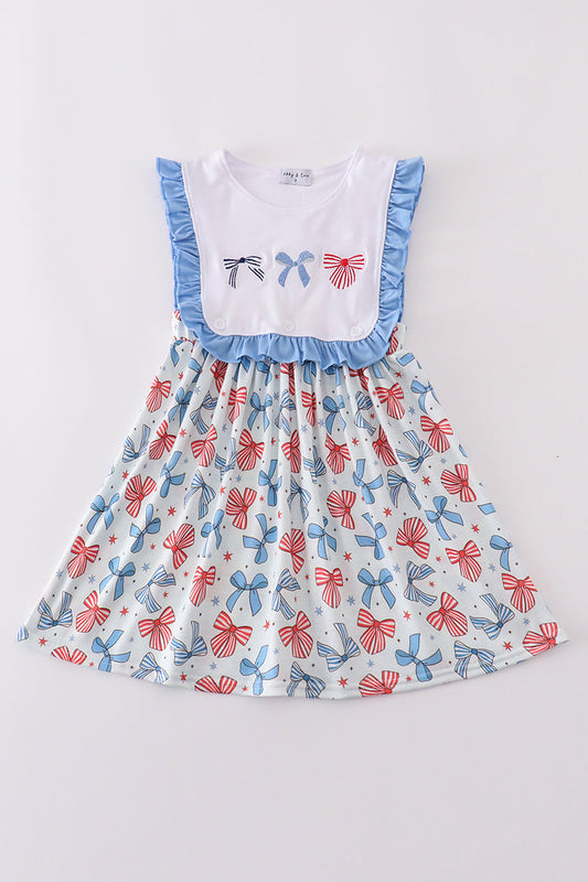 Bow trellis print embroidery ruffle dress - Cloudling Kids Clothing
