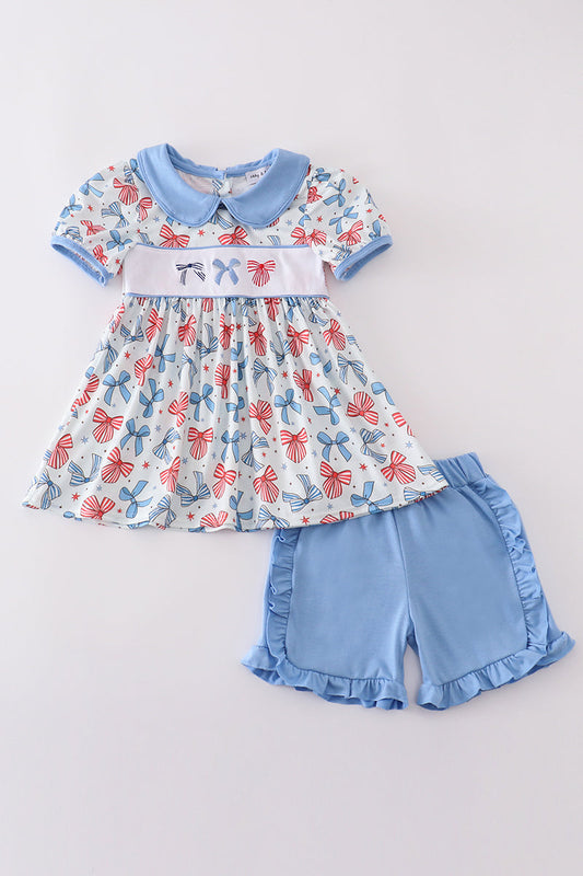 Bow trellis print embroidery set - Cloudling Kids Clothing