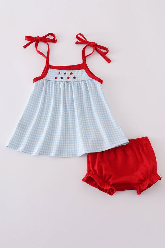Gingham star embroidery bloomer set - Cloudling Kids Clothing