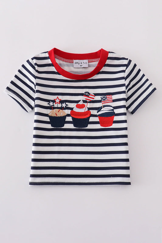 Blue stripe cake embroidery top - Cloudling Kids Clothing