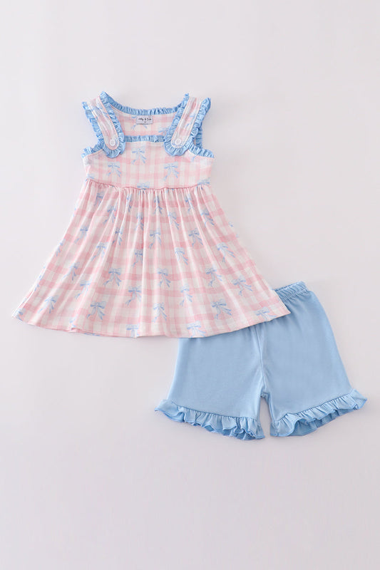 Pink plaid bow print gingham shorts set - Cloudling Kids Clothing