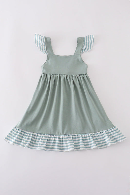 Sage stripe flutter trim ruffle dress - Cloudling Kids Clothing