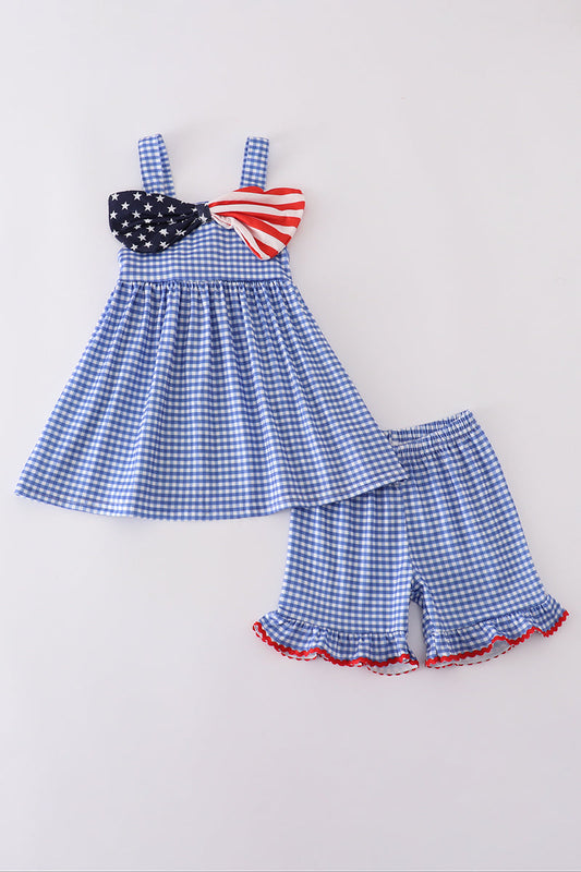 Blue flag bow gingham shorts set - Cloudling Kids Clothing