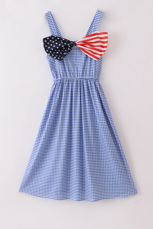 Blue flag bow gingham mom dress - Cloudling Kids Clothing