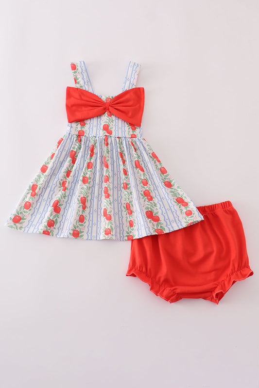 Girls' apple print bloomer set with bow detail by Cloudling Kids Clothing.