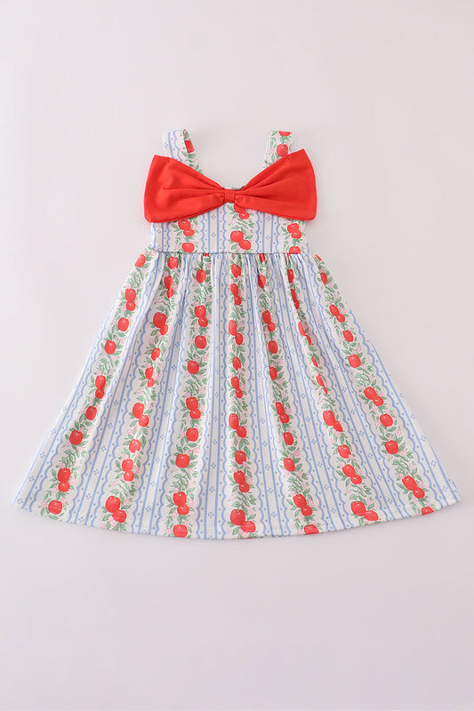 Girls' apple print dress with bow detail by Cloudling Kids Clothing.