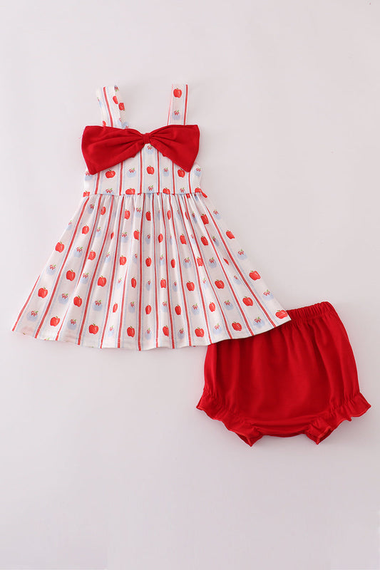 Girls' red apple print bloomer set with a bow by Cloudling Kids Clothing.
