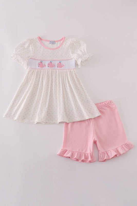 Pink whale embroidery smocked ruffle shorts set