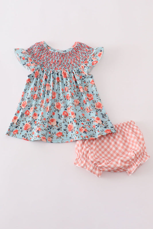 Blue floral smocked bloomer set for baby girls – Cloudling Kids Clothing