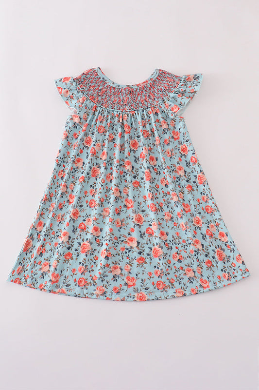 Girls' blue floral smocked dress by Cloudling Kids Clothing.