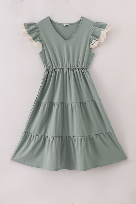 Sage lace ruffle mom dress
