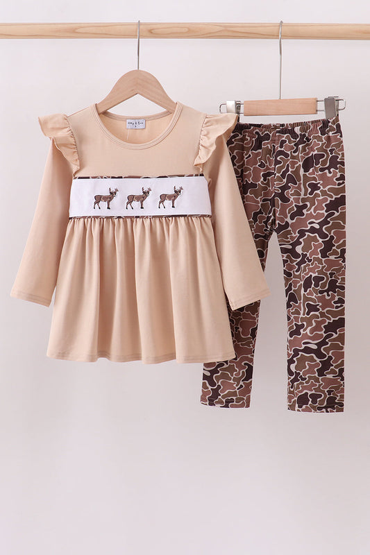 Camouflage deer embroidery ruffle pants set