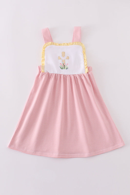 Premium pink cross embroidery dress - Cloudling Kids Clothing