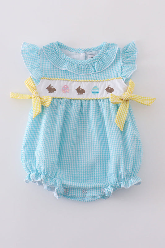 Premium mint bunny egg embroidery gingham bubble - Cloudling Kids Clothing