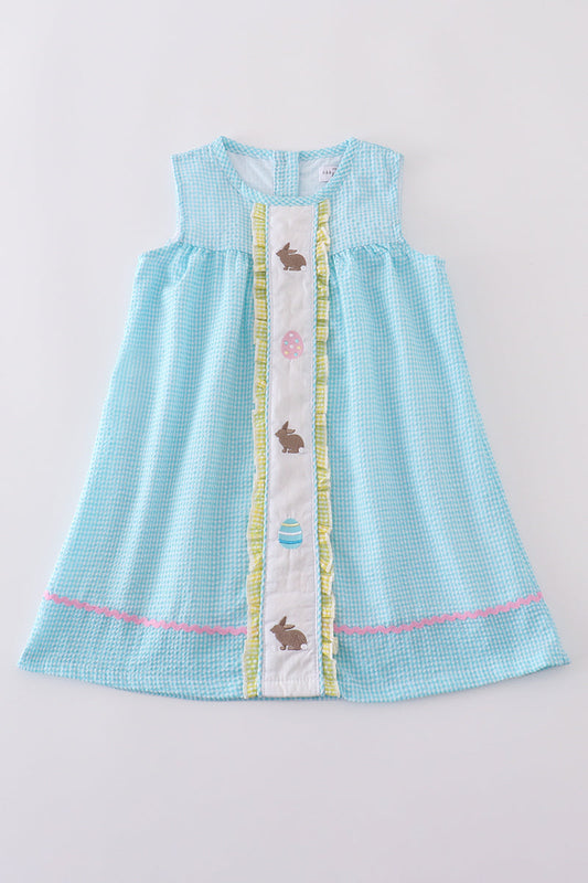 Premium mint bunny egg embroidery gingham dress - Cloudling Kids Clothing