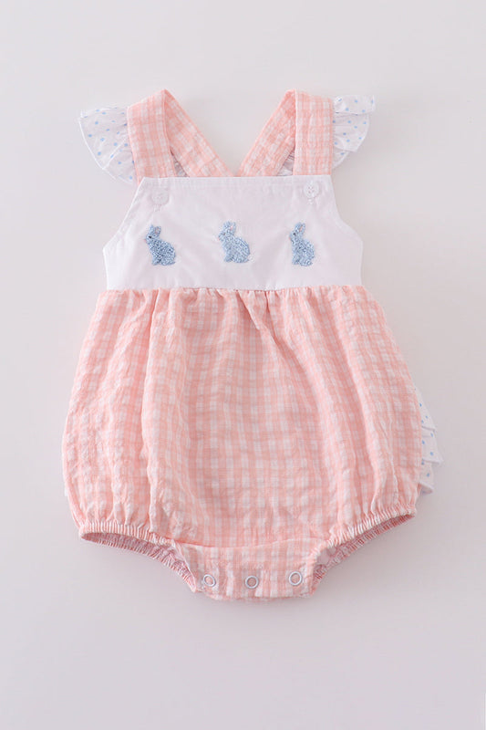 Premium Pink bunny embroidery gingham bubble - Cloudling Kids Clothing