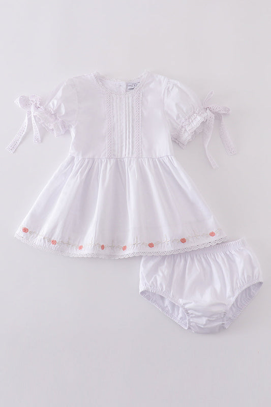 Premium white floral embroidery bloomer set - Cloudling Kids Clothing