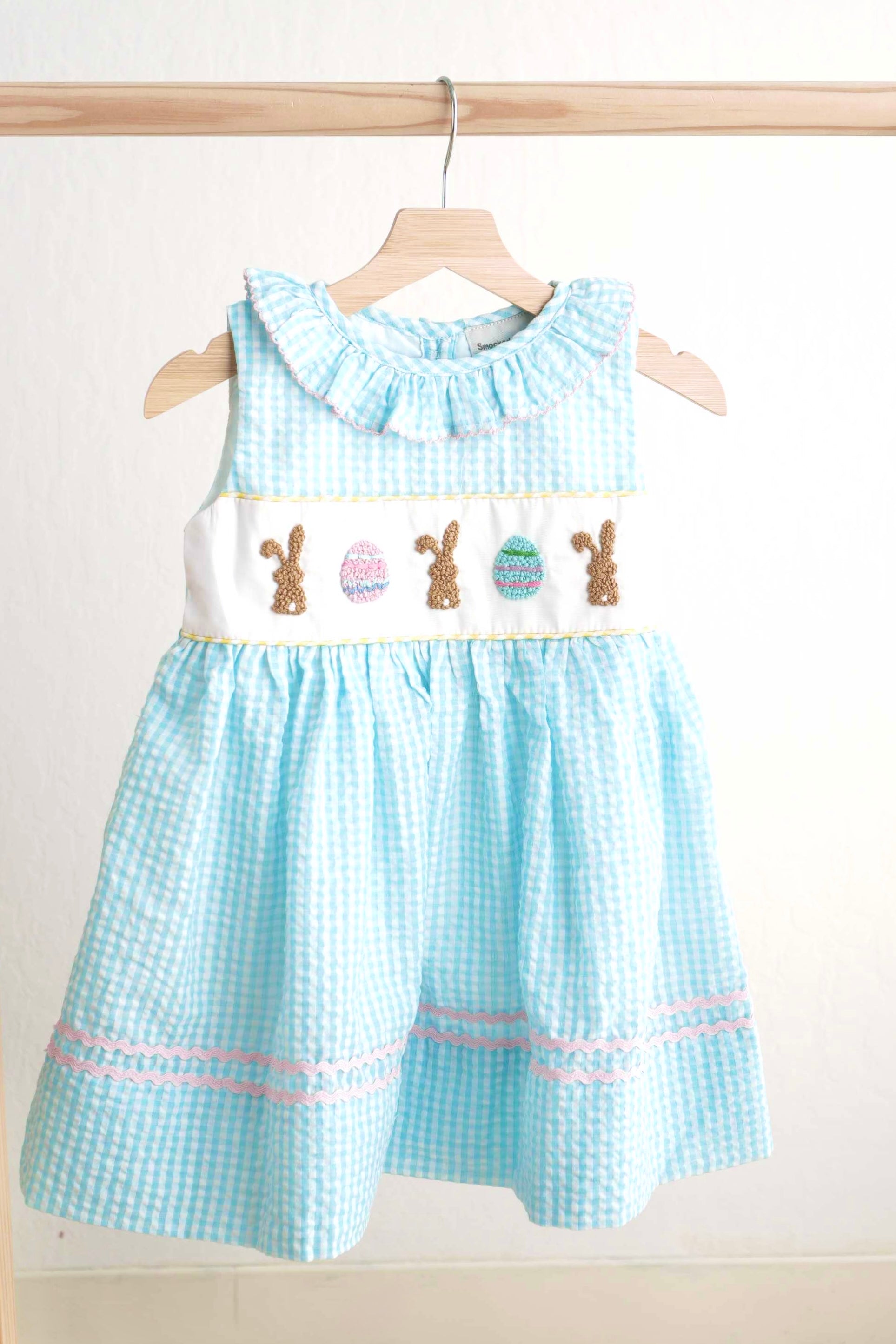 Blue easter bunny egg french knot girl gingham seersucker dress – Cloudling  Kids Clothing