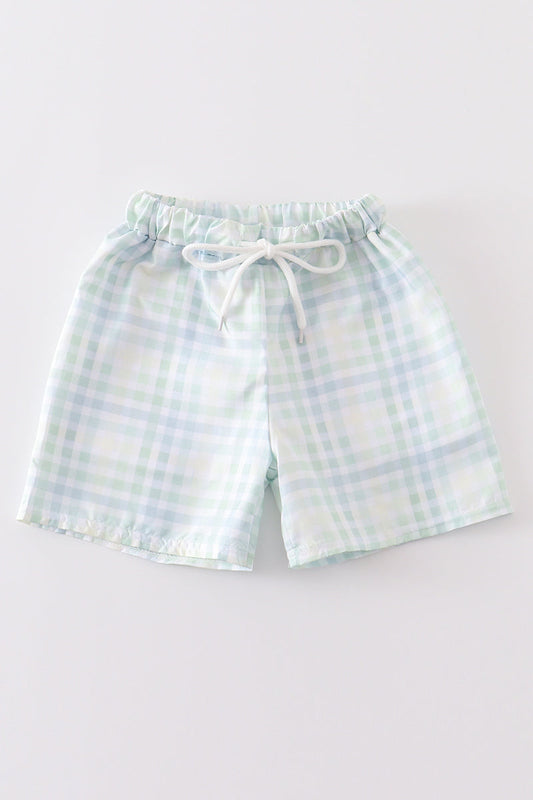 Boys green plaid swim trunk shorts.