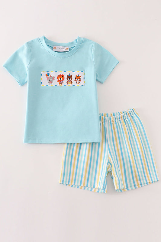 Blue animals birthday embroidery boy set