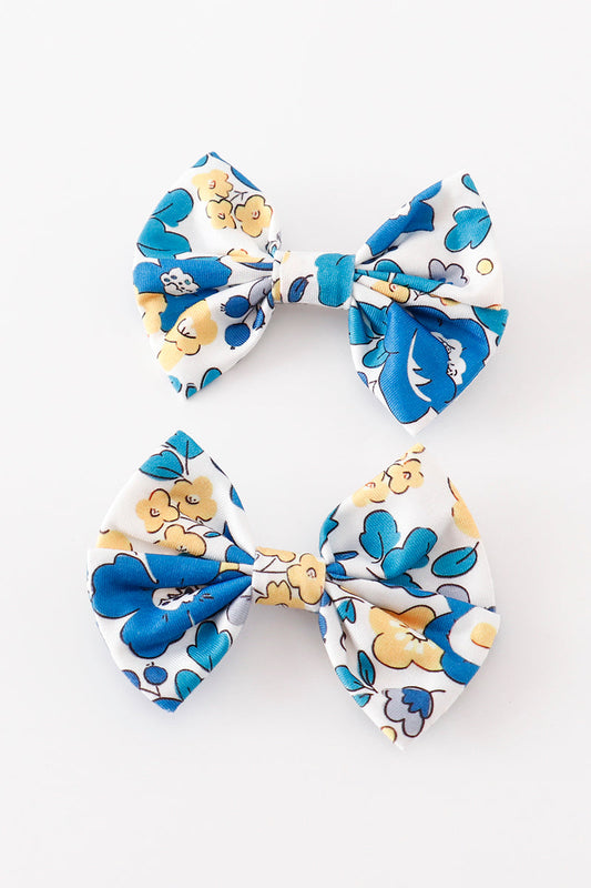 Blue floral print piggie hair bow - Cloudling Kids Clothing